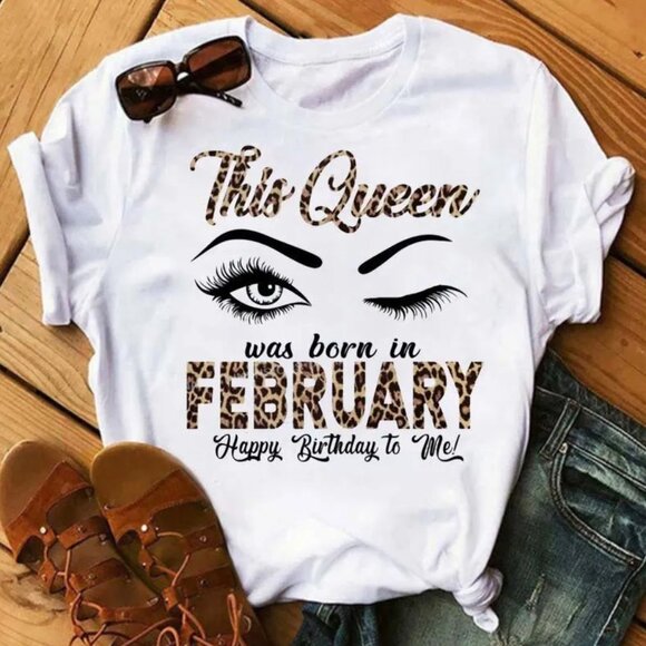 February Birthday Queen Leopard Letter Print Short Sleeve Women's T-Shirt Large - Picture 2 of 2